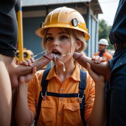 construction, clothed, public, outdoors, cumshot, cum, cum in mouth, construction worker, workspace, handjob, open mouth
